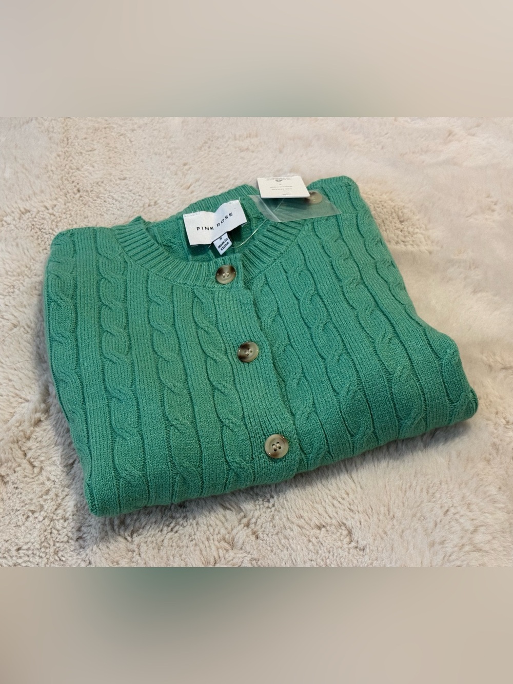 Pink Rose Cable Knit Teal-Green Button Cardigan